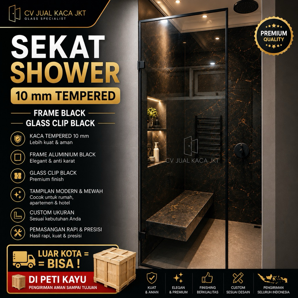 Sekat Shower Kamar Mandi Partisi Kaca Tempered 10mm Asahi + Frame