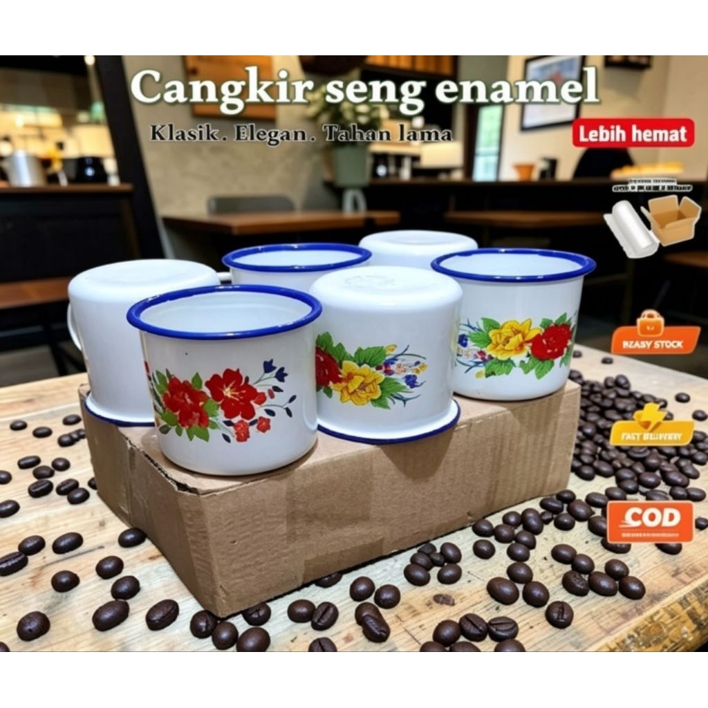 Mug enamel burik mug burik motif bunga Mug Jadul 12 pcs 1 Lusin