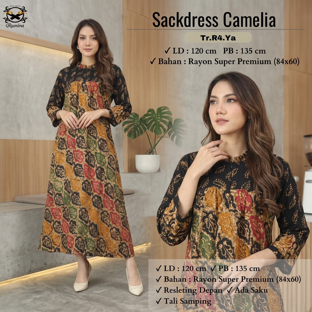 RUMINA (LD 120 PB 135) Sackdress CAMELIA Model Klok Lebar Warna Soft Super Cantik Bahan Adem Rayon S