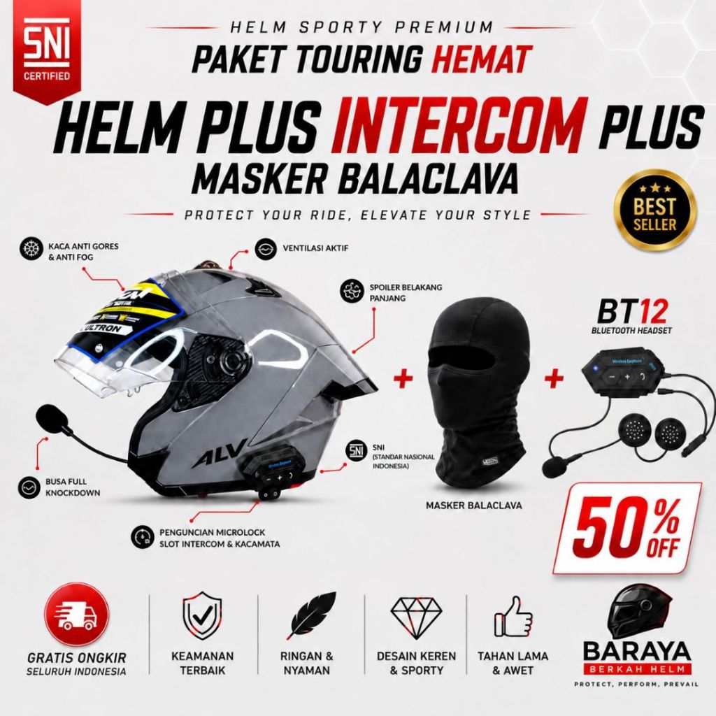 PAKET TOURING HEMAT HELM ALV ULTRON PRO 100% ORIGINAL + HEADSET BLUETOOTH BT-12 + BALACLAVA GXT | HE