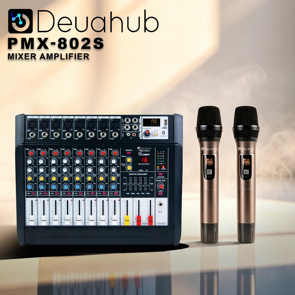 Deuahub PMX802S 8 Channel Audio Mixer Built-in Power Amplifier 650W×2 Include 2 UHF Wireless  Microp