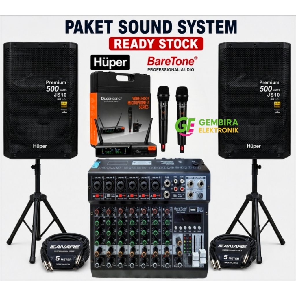 Paket Speaker Aktif Hupper 15 inch 1000 Watt Outdoor Indoor Mixer Baretone 8 Channel Usb Bluetooth O