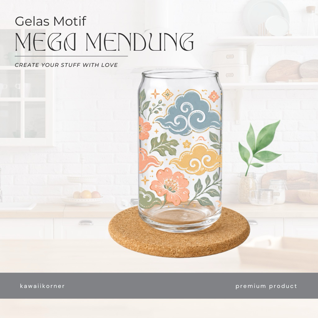 Gelas Kaca Estetik Motif Batik Modern by KawaiiKorner