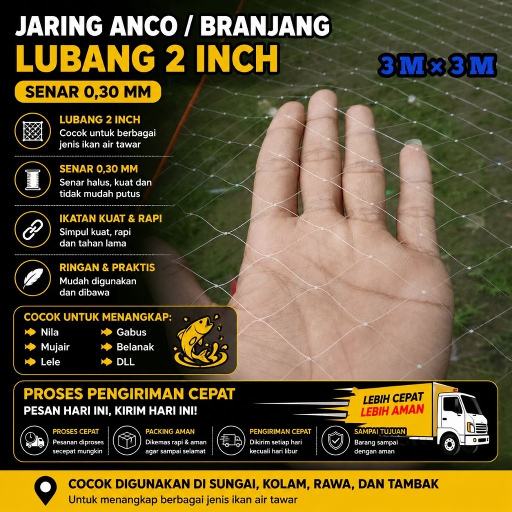 Anco ikan berkualitas 3m × 3m lubang 2 inch senar 0,30mm kuat dan tahan lama mampu angkat ikan lebih