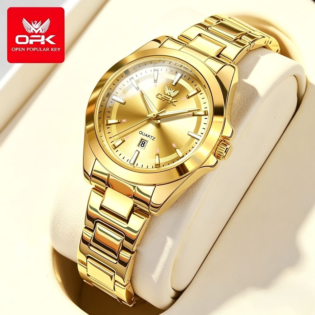 Jam Tangan OPK Wanita 6068 Anti Air Original Stainless Steel Bercahaya Emas Quartz Korea Women Watch