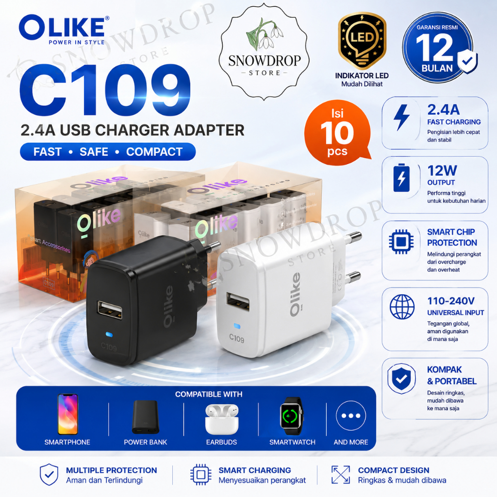 Olike C109 Adaptor Charger Single Port 2.4A Fast Charging Original ISI 10 PCS KEPALA. CHARGER GARANS
