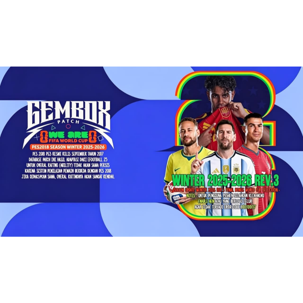GEMBOX Patch PES2018 Season Winter 2025-2026 Rev.3 FIFA World Cup PS3 Via Email