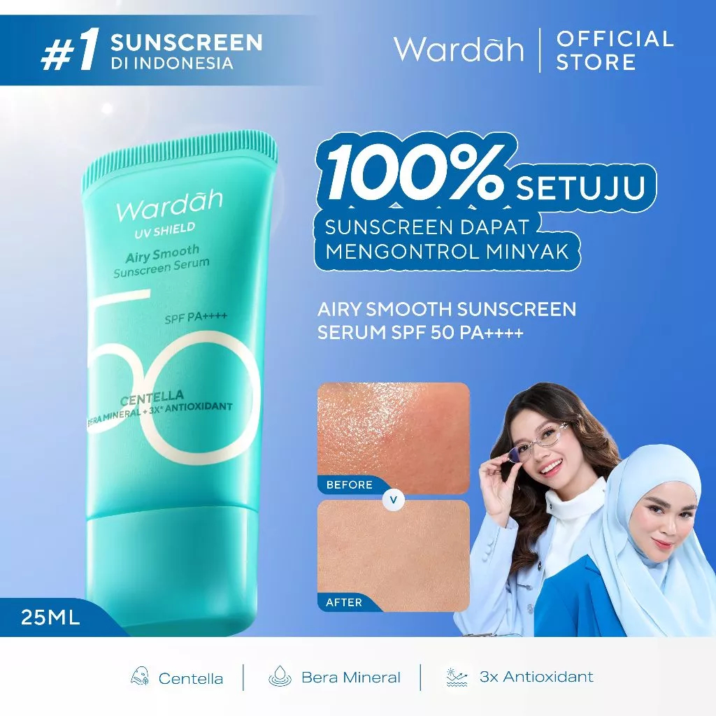 Wardah Sunscreen UV Shield Airy Smooth Serum SPF 50 PA++++ 25ml Single, Twinpack, Triple Pack Sunscr