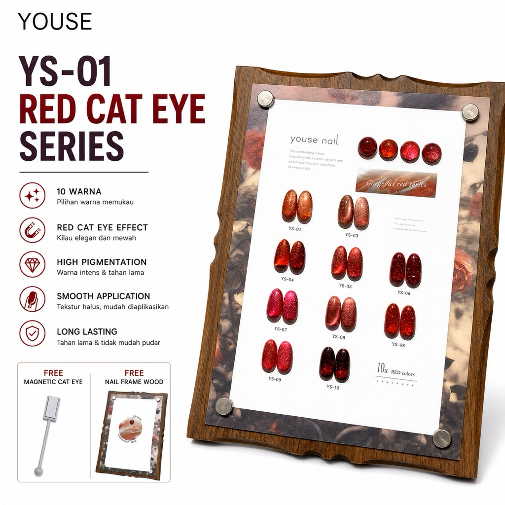 YOUSE YS-01 RED SERIES CAT EYE FOR NAIL GEL POLISH SET ISI 10 WARNA FREE NAIL FRAME