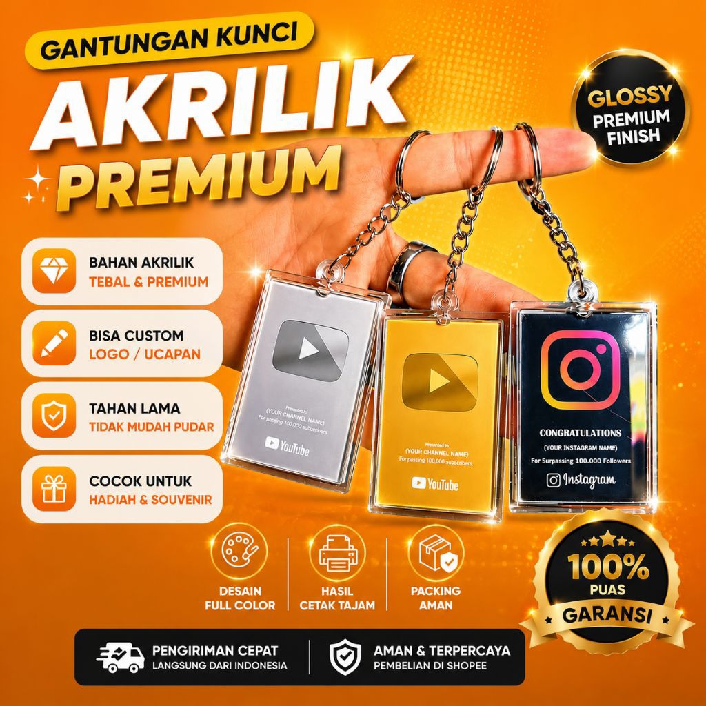 Gantungan Kunci Mini Play Button YouTube & Instagram Acrylic Premium | Keychain Estetik