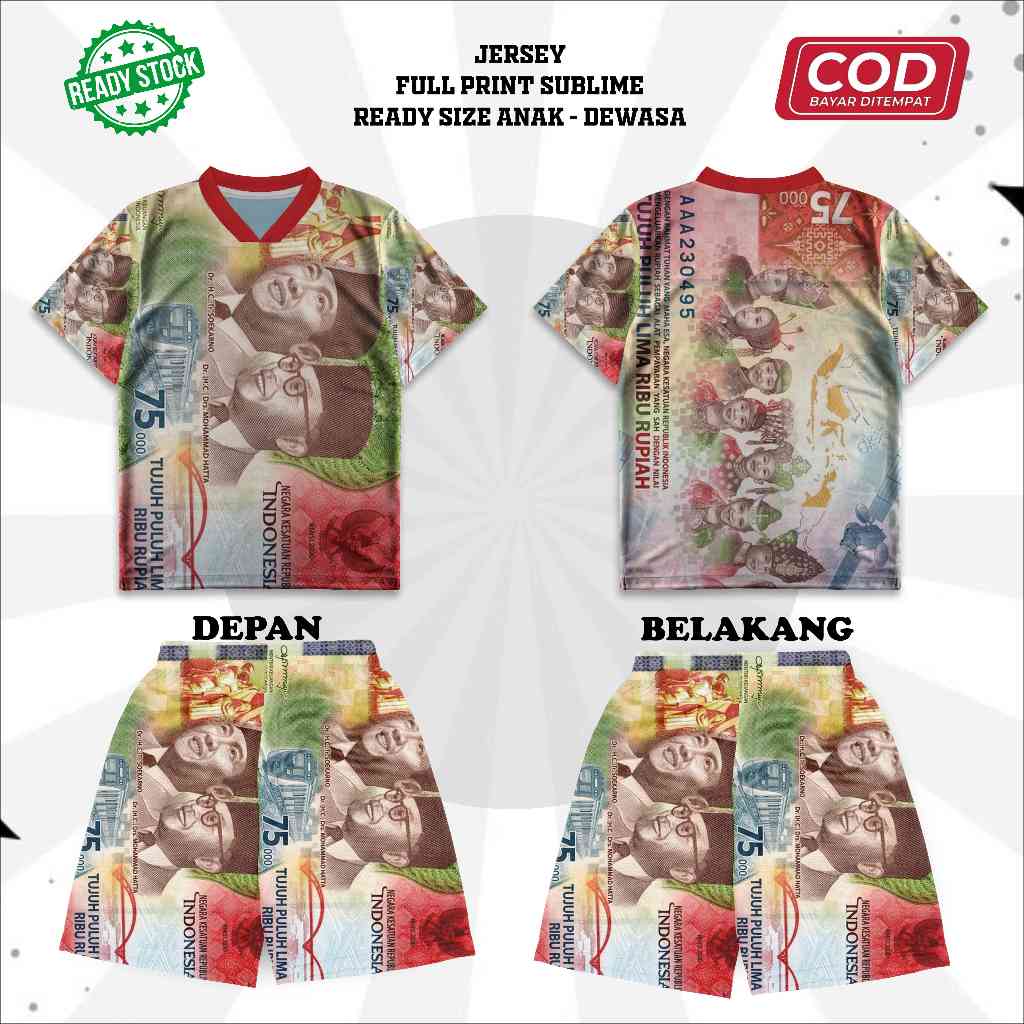 Setelan Jersey Motif Uang 75 Tujuh Puluh Lima Ribu Baju Sport Duit Gambar Unik Full Printing Sublim 