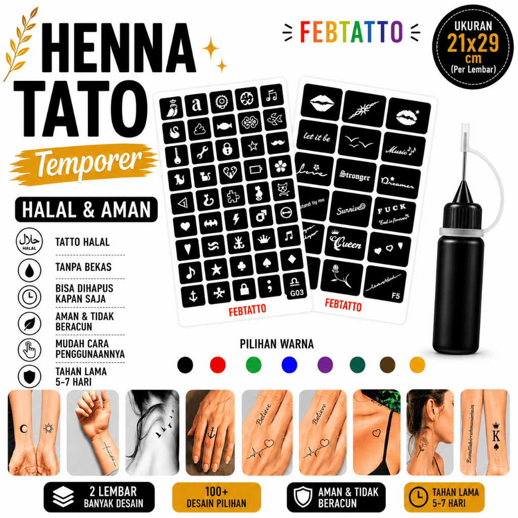 Henna Tato Halal Tahan Lama Bisa Custom Hena Kit 10ml semicolon bibir love jangkar musik - HEN F05 H