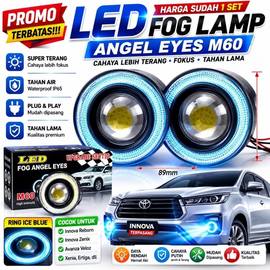 Foglamp LED Mobil Toyota Avanza Rush Terios Innova 89MM Angel Eyes Projector