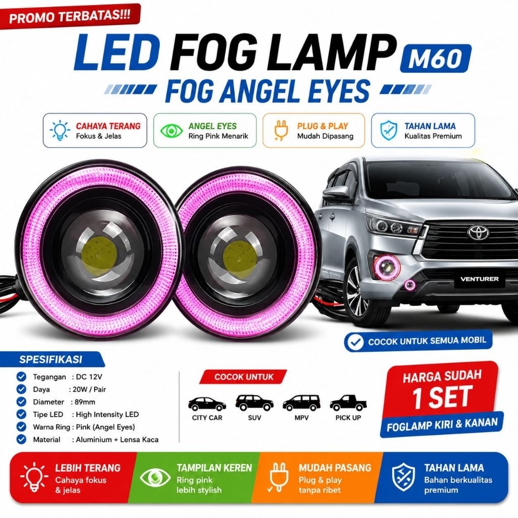 Foglamp LED Mobil 89MM Projector Angel Eyes Toyota Rush Terios Avanza Innova