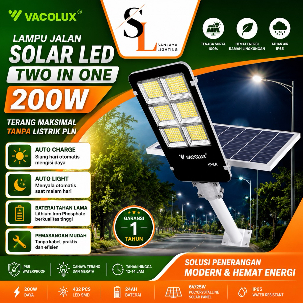 Lampu Jalan LED VACOLUX Solar Two in one 200 Watt Terang