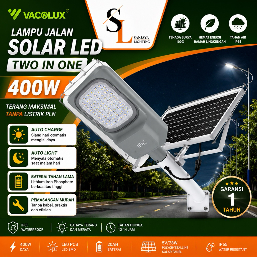 Lampu Jalan LED Solar Vacolux 400/600 Watt Two in one Kualitas oke