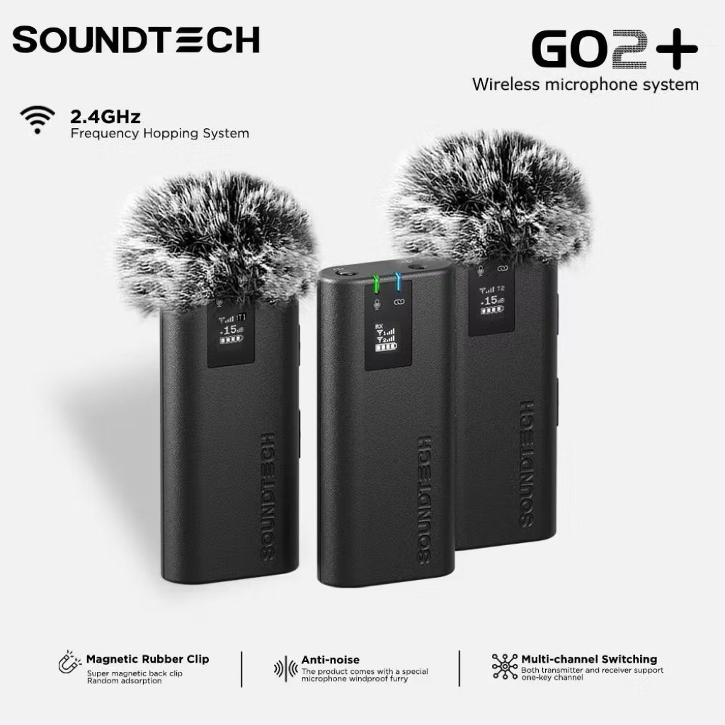 Cuci Gudang SOUNDTECH GO2 Plus Wireless Microphone 2.4Ghz Anti Noise | Mic Clip On Kamera HP Podcast