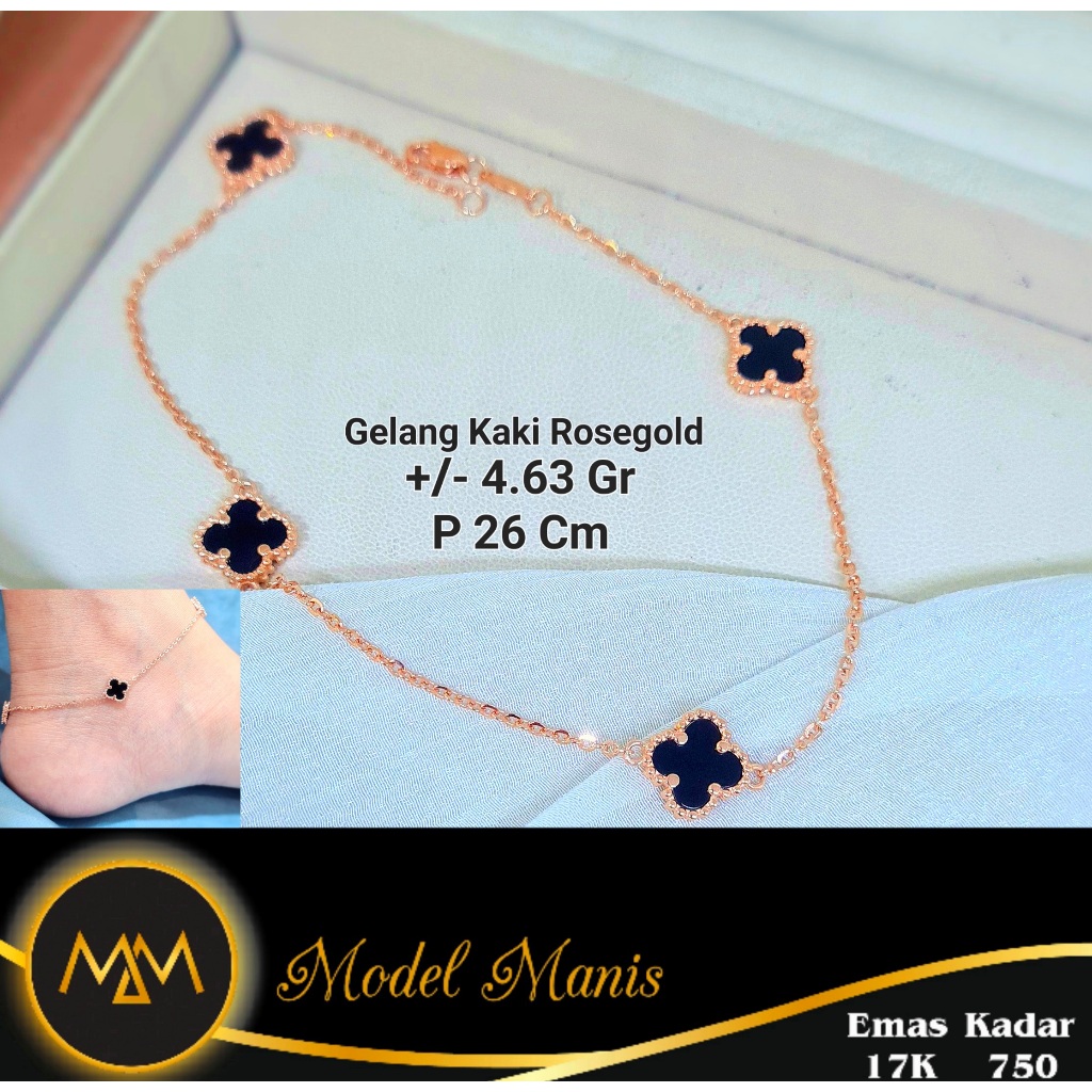 Gelang kaki Clover hitam emas rosegold 750 kadar 17k