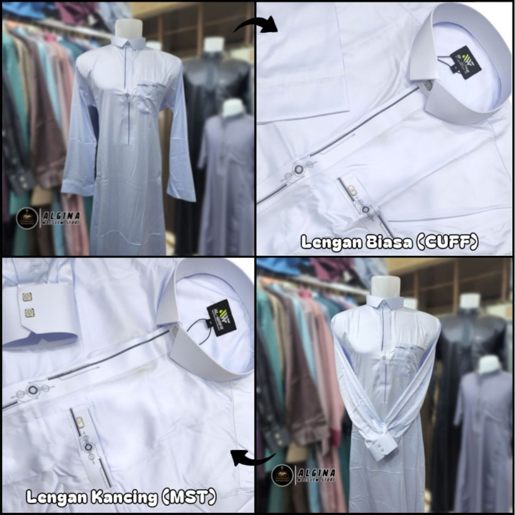 Gamis Al Wafa Putih Bahan Satin Korea Bordir Kancing Thailand & Resleting Lengan Panjang Cuff  | Jub