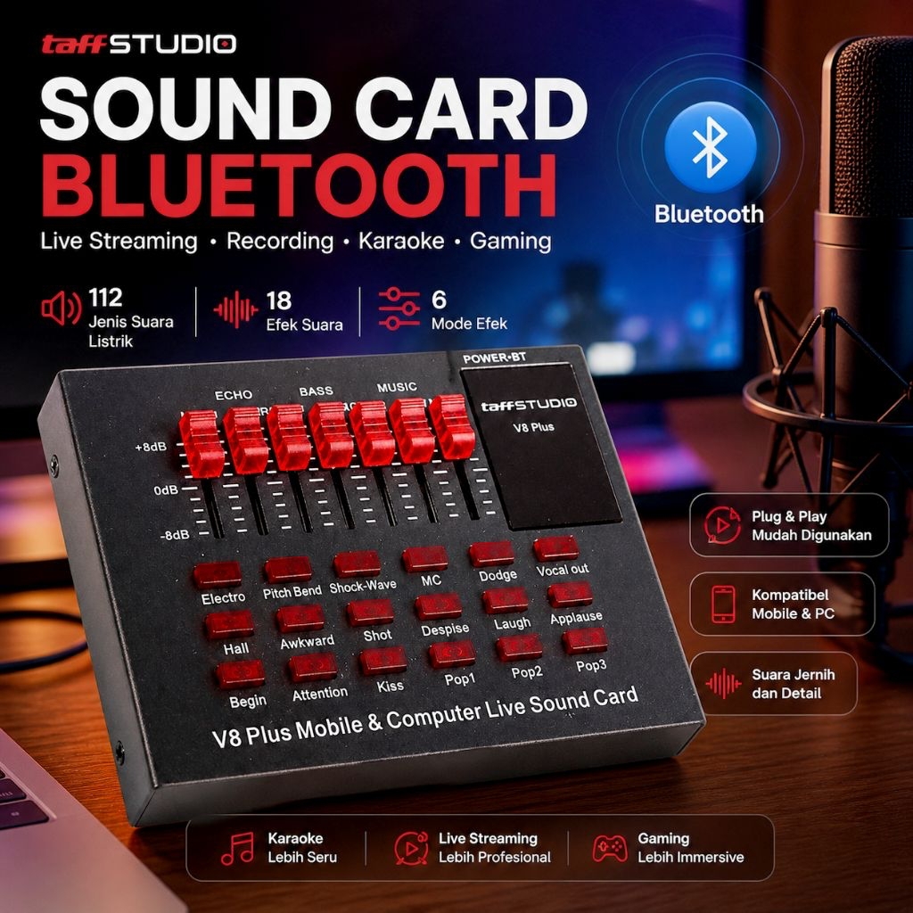 Taffstudio V8 Pro, V8s Upgrade, V8u, V8s, & V8 Plus (Bluetooth USB External Soundcard Live Broadcast