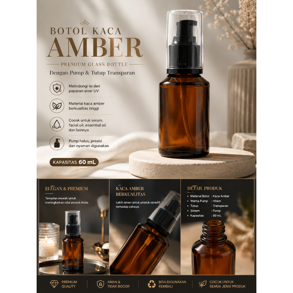 Botol Kaca Amber 60 mL Premium dengan Pump