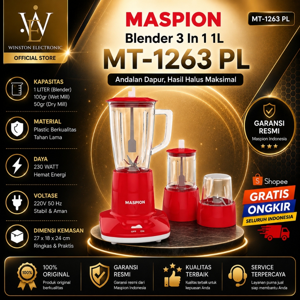 BLENDER 3 IN 1 MASPION MT 1263 PL 1Liter/MT1263PL 1Liter/MT-1263-PL-1Liter/MASPION BLENDER ORIGINAL