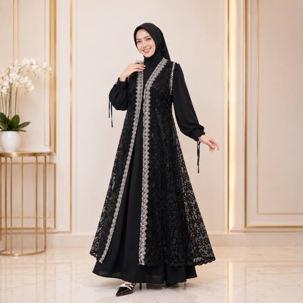 Gamis Wanita Kekinian Jumbo Naura Set Dress BO Bahan Ceruty Babydoll Mix Brukat Plus Renda Premium G
