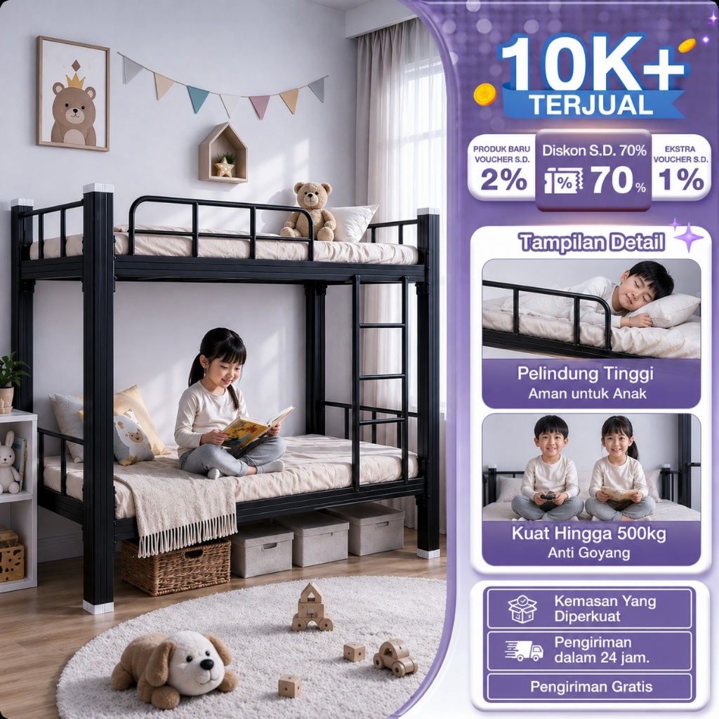 Ranjang Susun 2 Tingkat Anak dan Dewasa Ranjang Tingkat Besi Tempat Tidur Susun Asrama