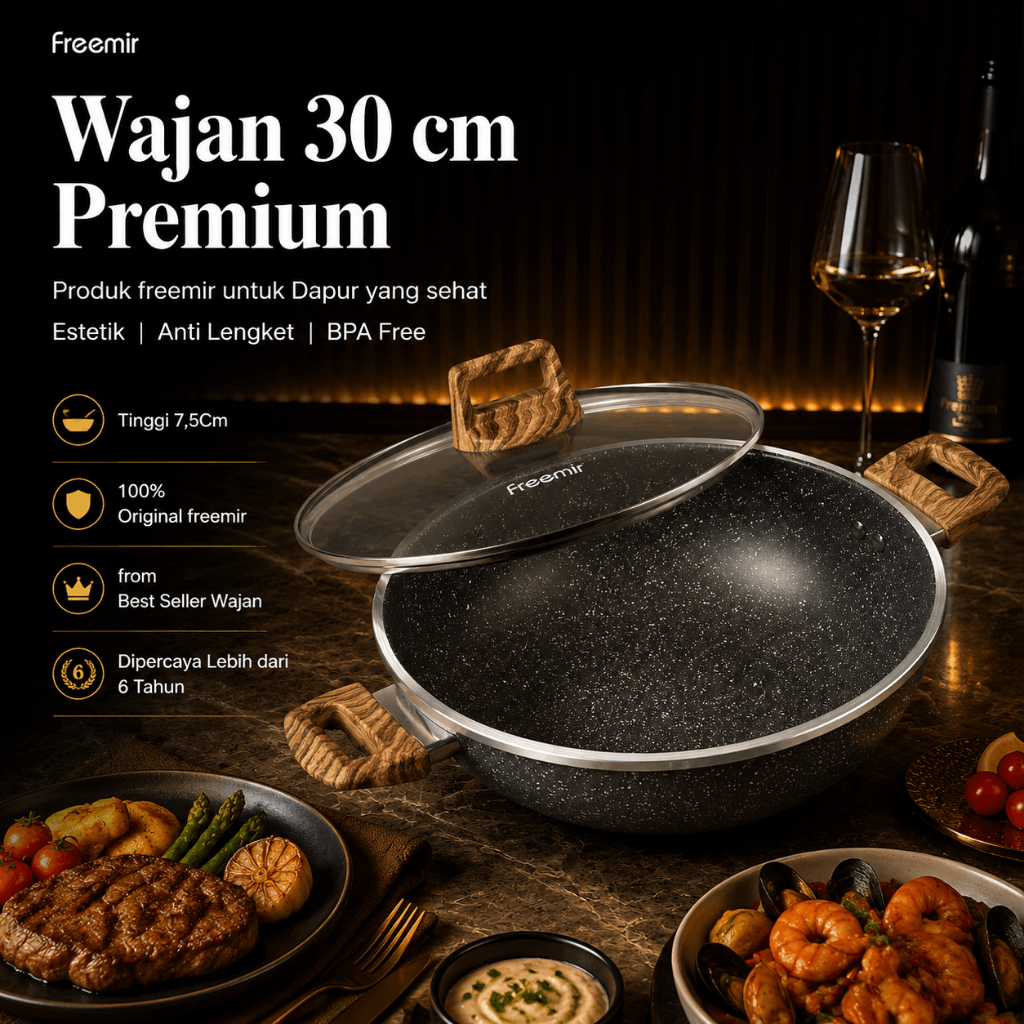 [PREMIUM INSTANT SBY] freemir Wajan 30cm Hitam Tutup Kaca Wajan Jumbo Anti Lengket Multifungsi
