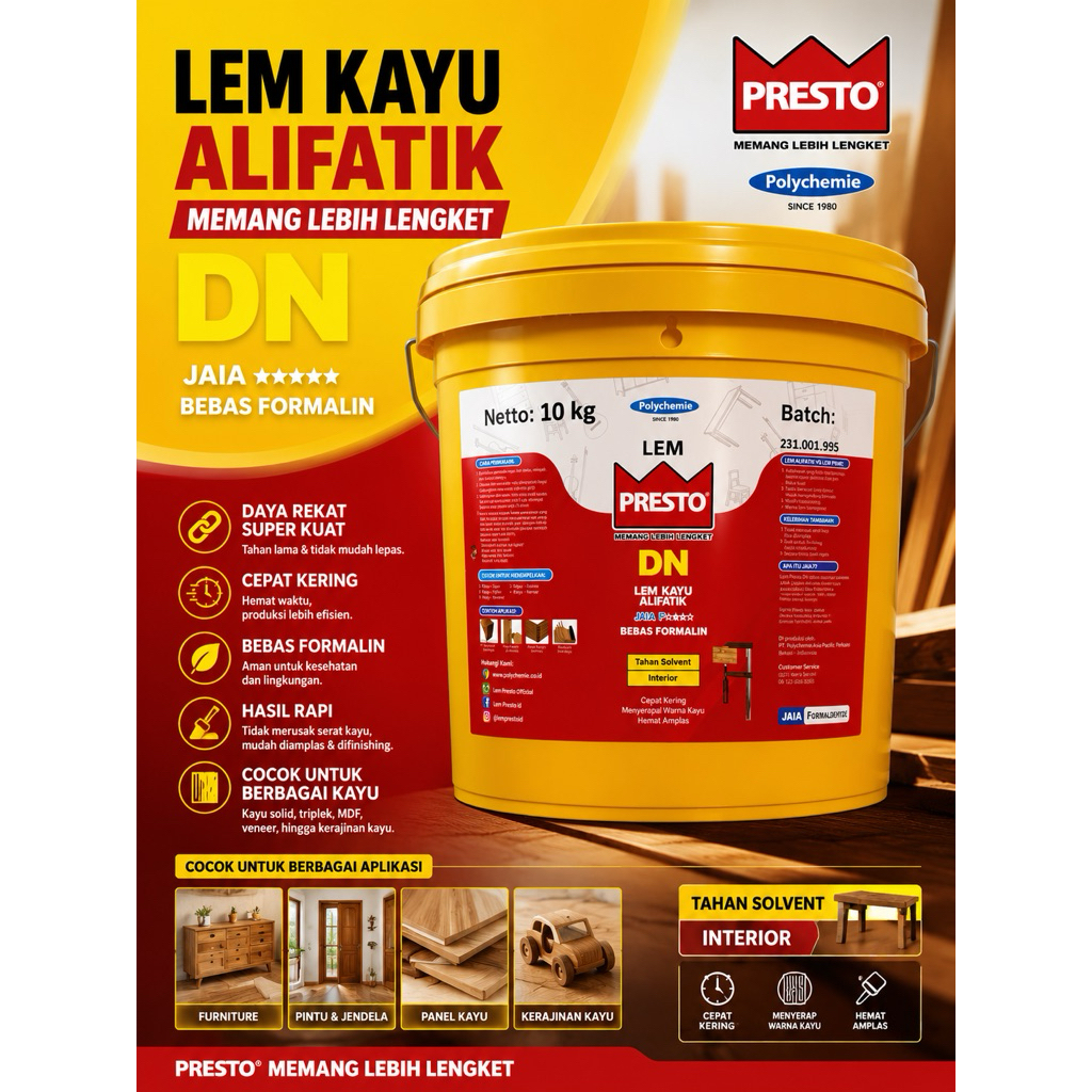 LEM KAYU PRESTO TIPE DN UNTUK HPL BERAT 10KG BEBAS FORMALIN