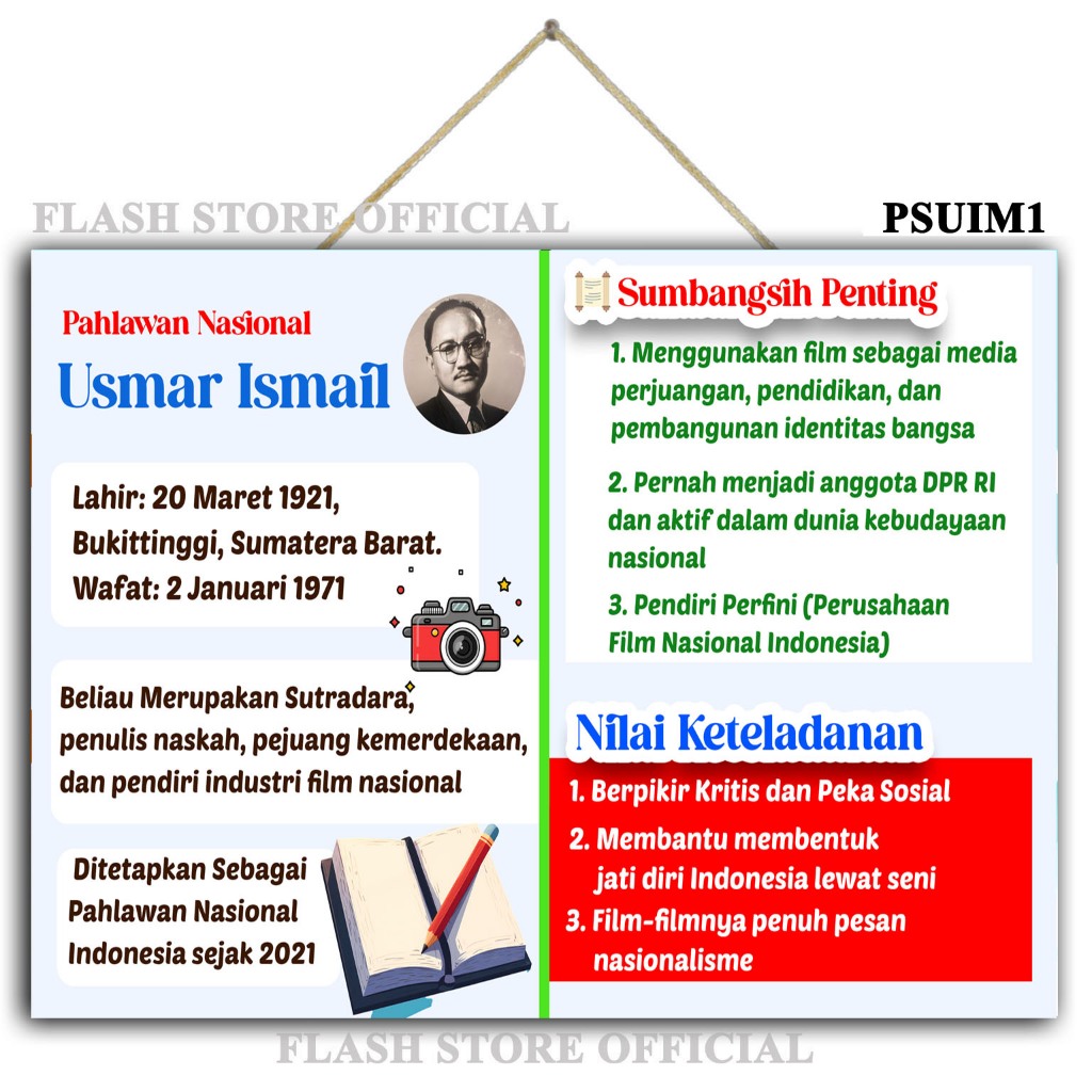 Hiasan Dinding JUMBO size 40x30 cm TOKOH PAHLAWAN INDONESIA USMAR ISMAIL Gantungan pajangan dinding 