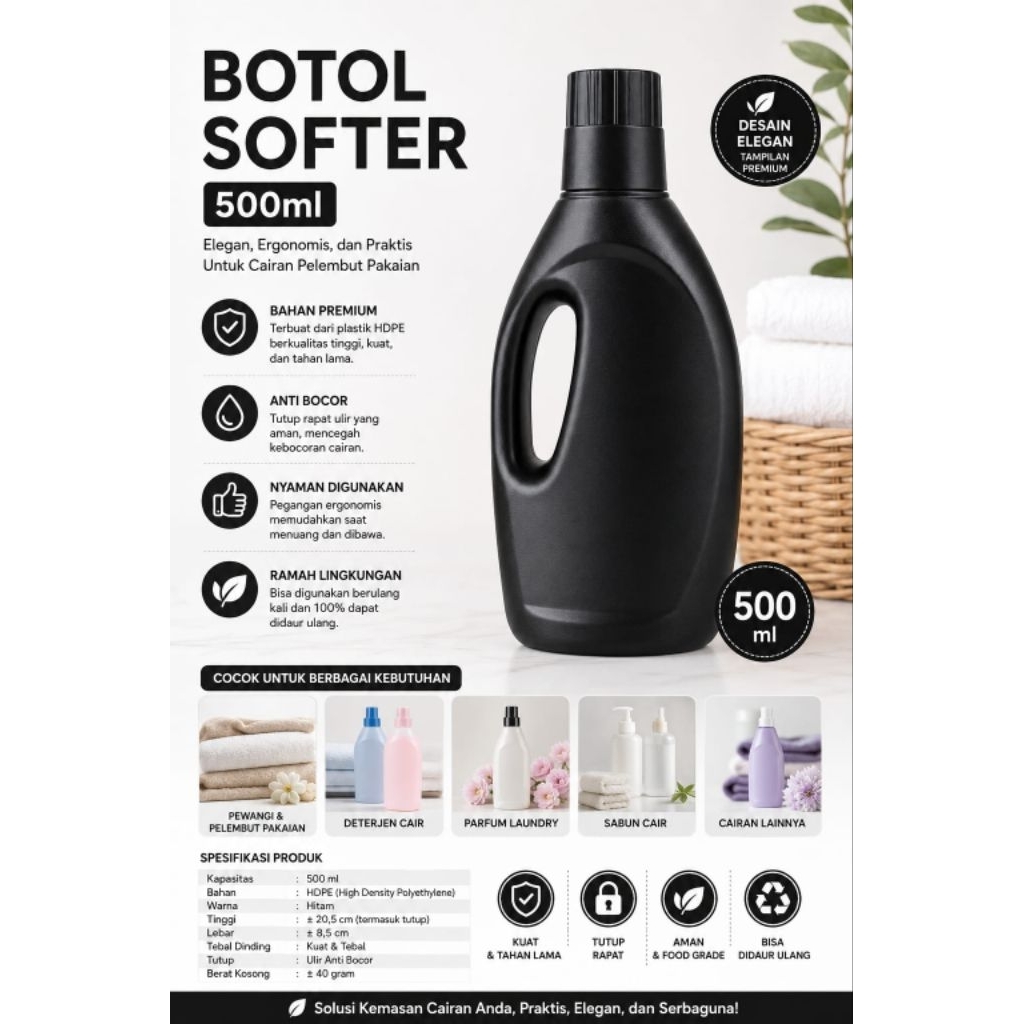 Botol softener 500ml hitam premium
