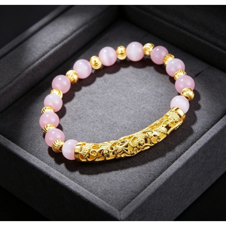 24K Gelang lapis emas wanita gelang tali elastis wanita  gelang rantai anti karat manik-manik merah 
