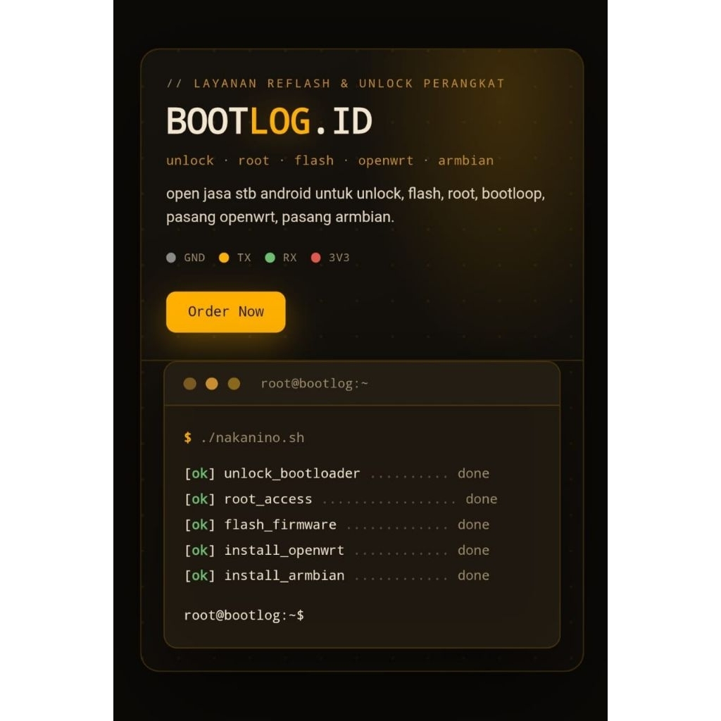 open jasa unlock, root, pasang openwrt dan pasang armbian