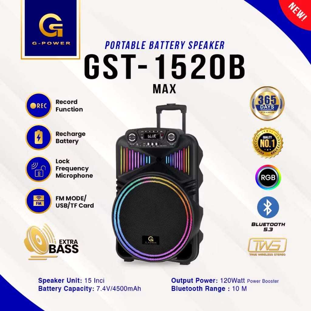 G-POWER Speaker Bluetooth GST 1520B Max - Speaker Bluetooth Portable / Speaker Karaoke 15 inci