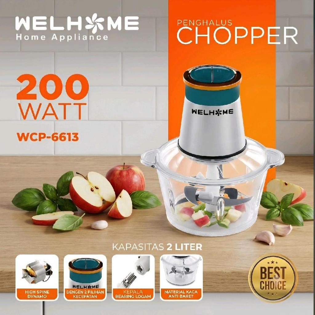 WELHOME Food Chopper WCP-6613 Chopper Kaca 2L Penggiling Daging Multifungsi 300Watt Pisau Dapat Dile