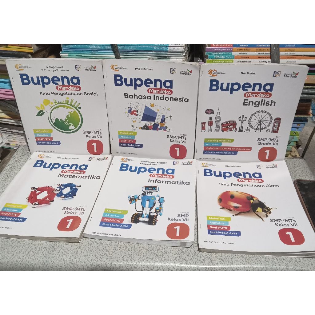 Bupena Ilmu pengetahuan sosial,  Bupena Bahasa Indonesia,  Bupena English,  Bupena Matematika,  Bupe
