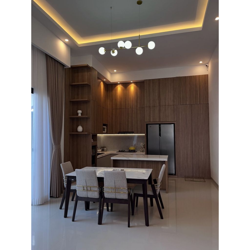 Kitchen set custom | Kitchen set letter L | Kitchen set HPL kayu mewah | Meja island mini bar | Kabi