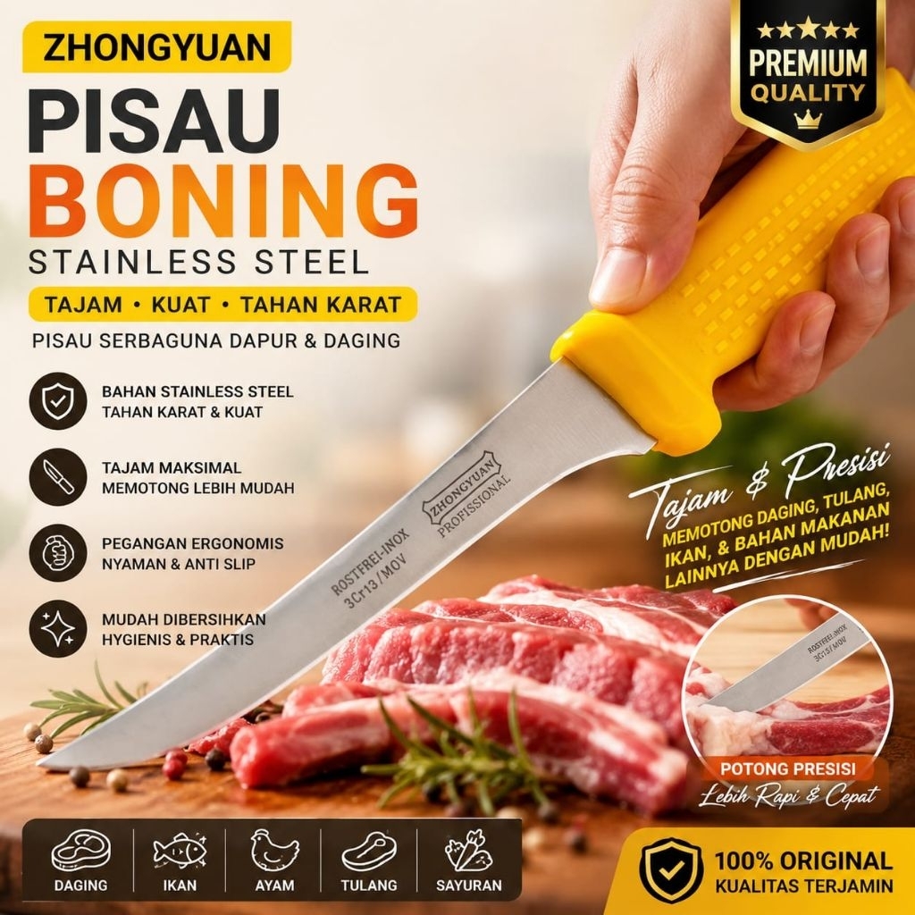 Pisau carbon Stainless Steel Boning Zhong Yuan pisau dapur tajam