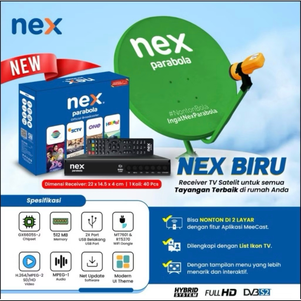 SET HEMAT ODU NEX PARABOLA HIJAU 60CM + RCVR NEX BIRU