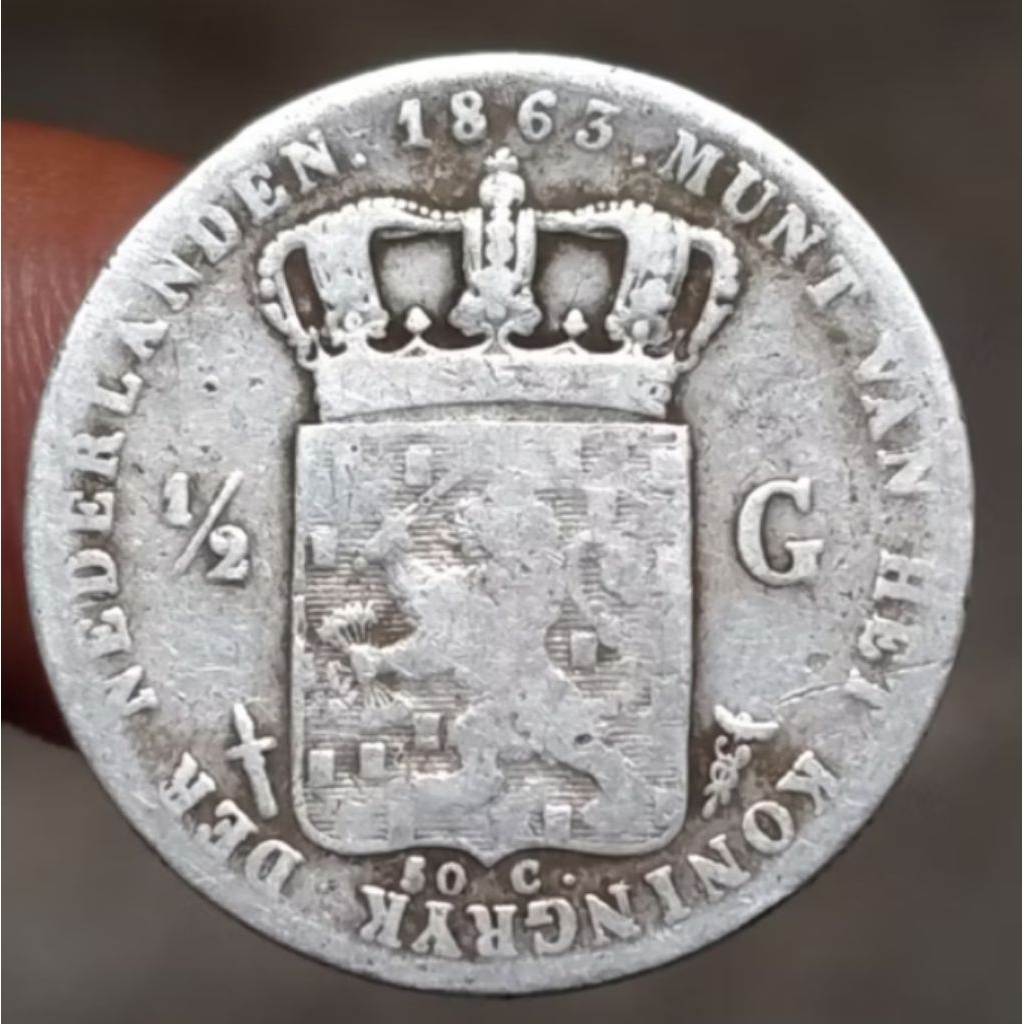 Uang Koin Kuno Belanda ½ Gulden Willem III 1863 bahan Perak