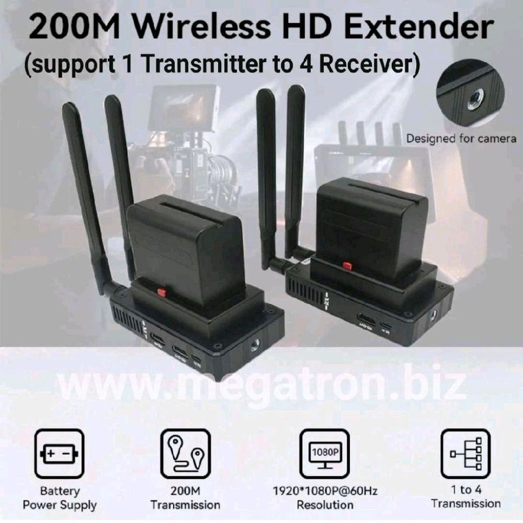 Wireless HDMI Transmitter & Receiver (Support 1 TX to 4 RX) - up to 200m - Bisa pakai Battery NP-F970 F770 F750