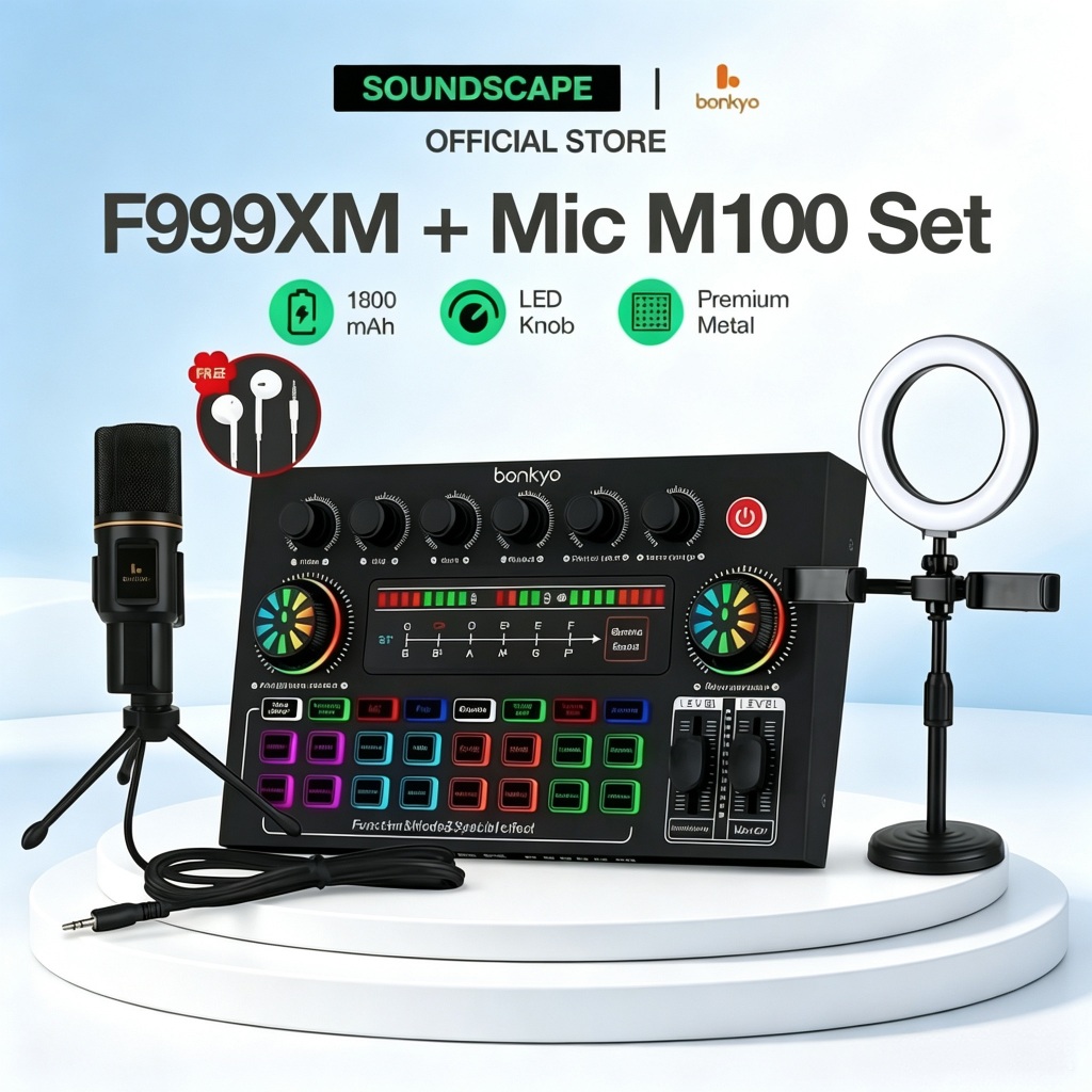 Soundscape Paket Lengkap Streaming F999XM Soundcard + Mic Condenser M100 NEO + Ring Light Meja 1800m
