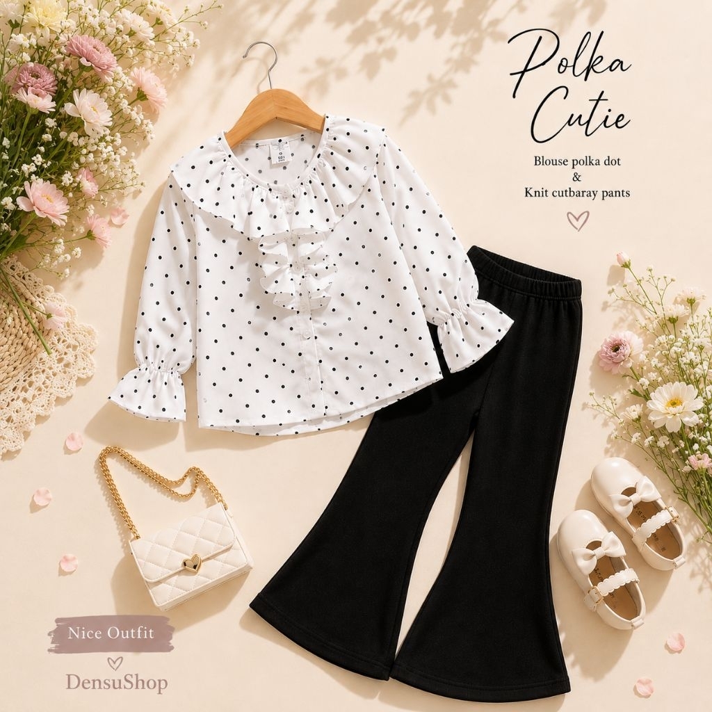 DensuShop One set Veronika Setelan Anak Perempuan Polkadot Celana Cutbray 2-10 Tahun Bahan Syakila F