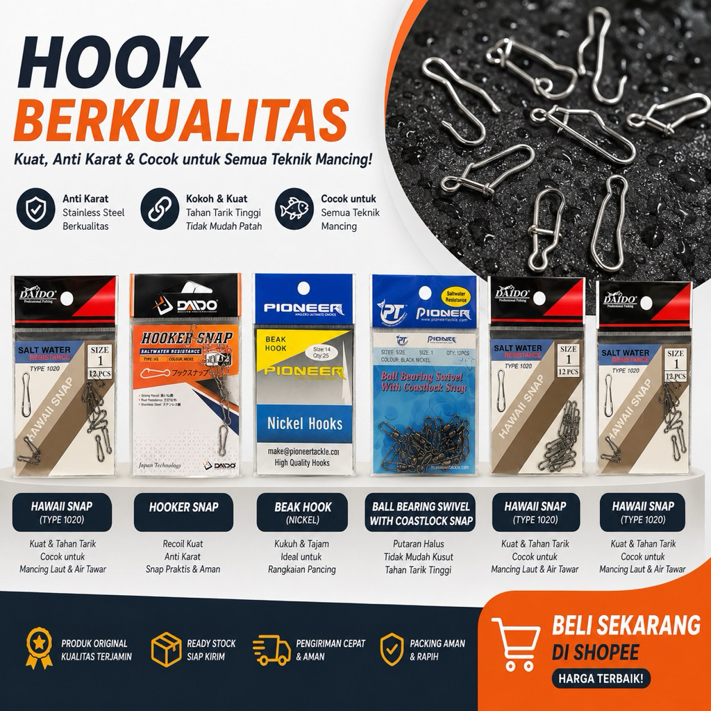 [CUCI GUDANG] Daido Hawaii Snap Hook Pancing & Pioneer Swivel Kail Pancing Kuat Anti Karat Murah Ori