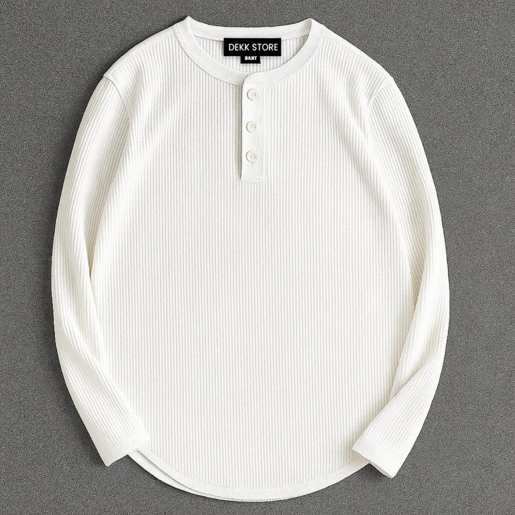 KAOS KANCING HENLEY WAFFLE KNIT LENGAN PANJANG/KAOS KANCING KNIT PRIA POLOS