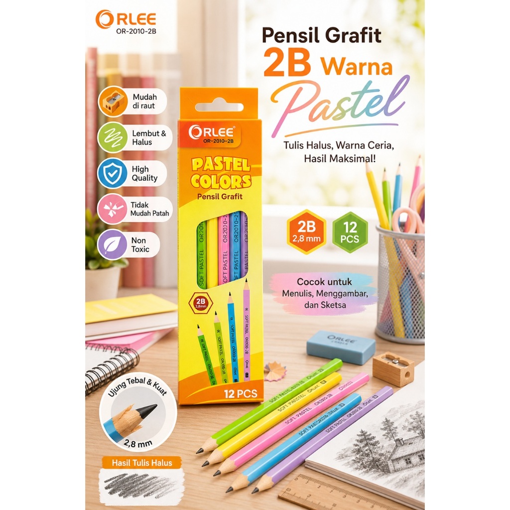 Pensil Pencil 2B Orlee Grafit Warna Pastel Alat Tulis Sekolah Anak Ujian Ulangan Komputer LJK Menggambar Sketsa Menulis Gambar Jelas Scanning Tahan Patah Halus Tebal Aman Non-Toxic Ujung 2,8 mm 1Box isi 12 Pcs 1 Lusin Kualitas Baik Konsisten OR-2010-2B