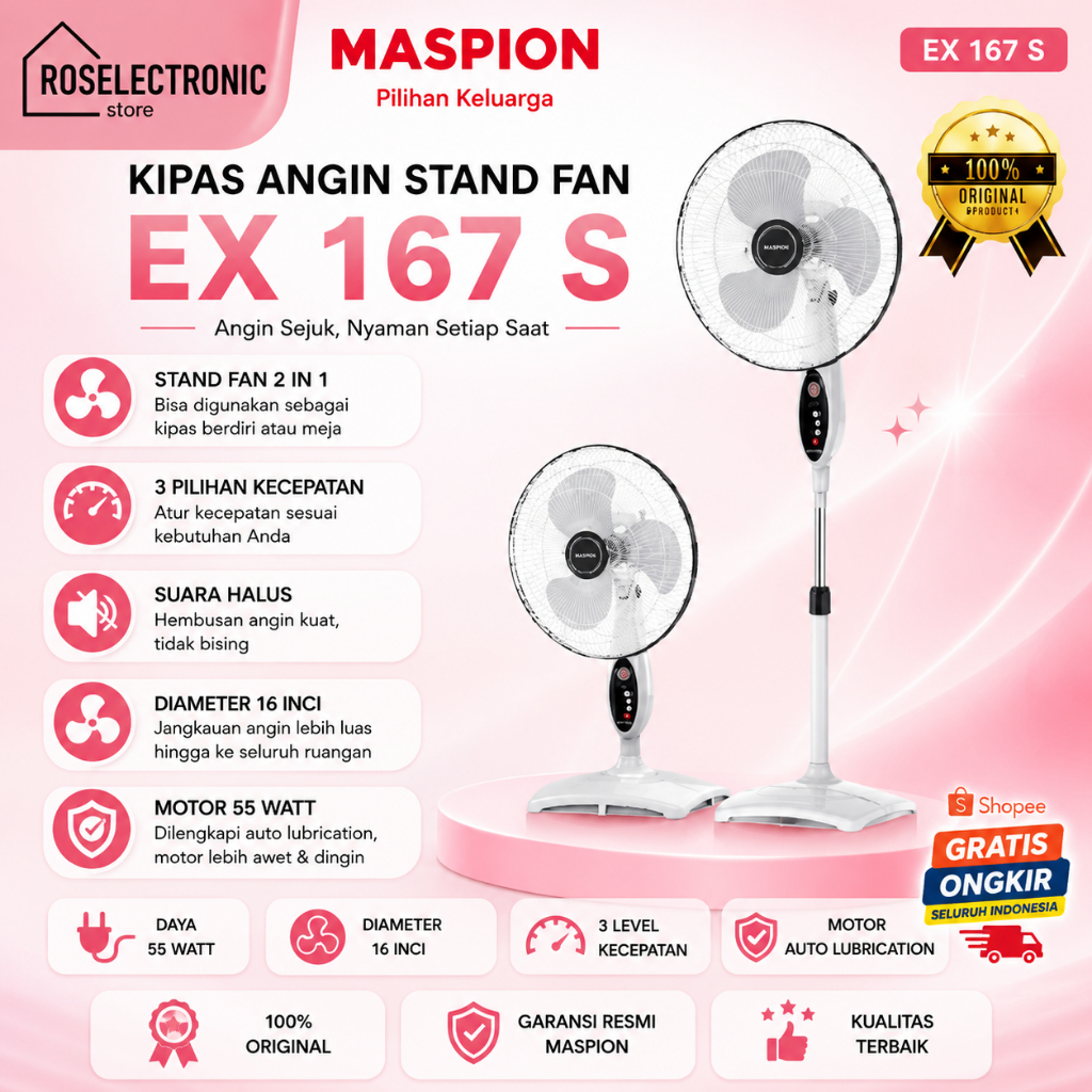 MASPION KIPAS ANGIN EX 167 S STAND FAN KIPAS BERDIRI/EX167S/EX-16- S/EX 167 S/KIPAS ANGIN BERDIRI