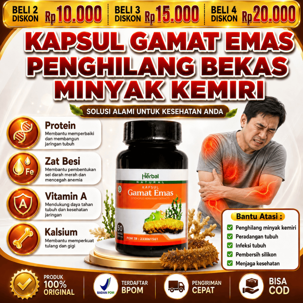 Kapsul Gamat Emas Obat Penghilang Minyak Kemiri, Penghilang Bekas Suntik Silikon, Penis Bengkak PALI