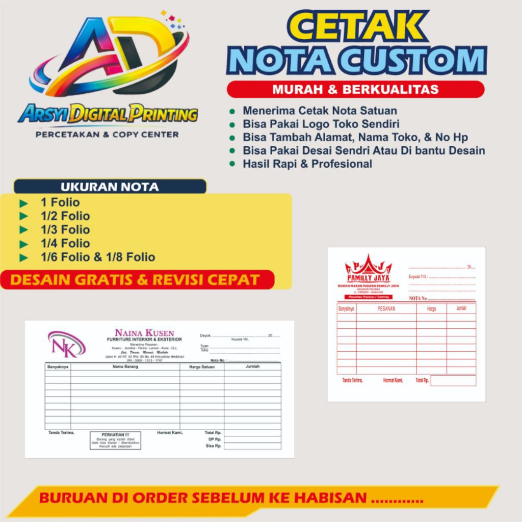 CETAK NOTA, SURAT JALAN, KWITANSI CUSTOM 2 PLY TANPA MINIMAL ORDER